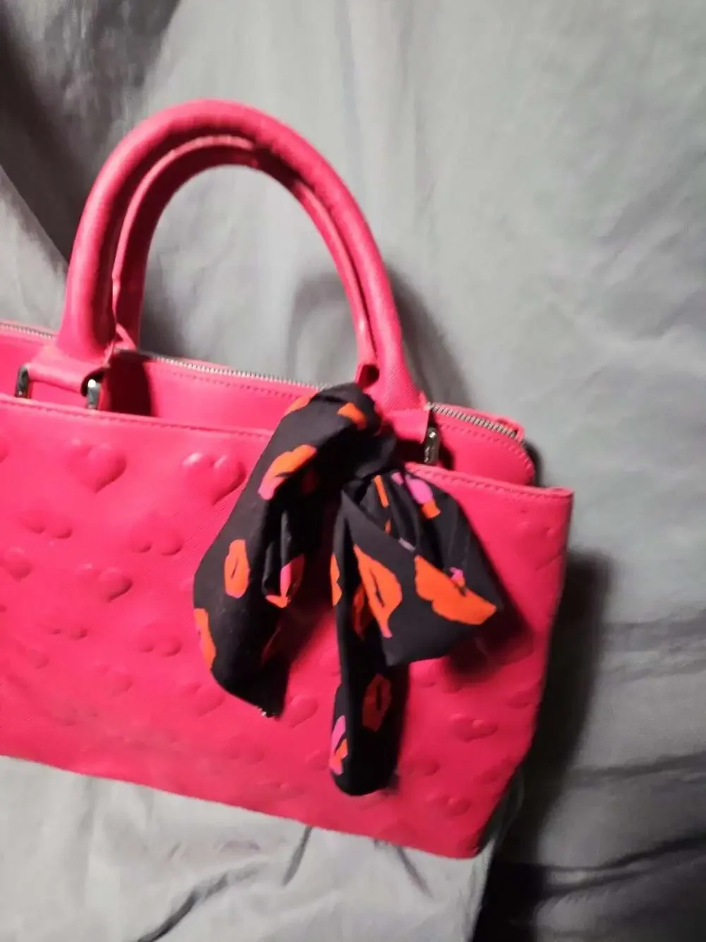 Betsey Johnson Hot Pink Satchel with Embossed Hearts and Lips Print Scarf